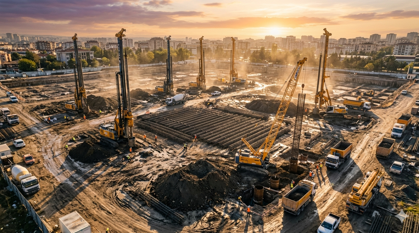 Geobim fore kazık şantiyesi — gün batımında çok sayıda kazık makinesi